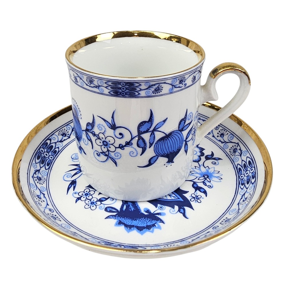 Royal Franconia Blue Onion Demitasse Cup Saucer Danbury Mint Bavaria Gold Rim